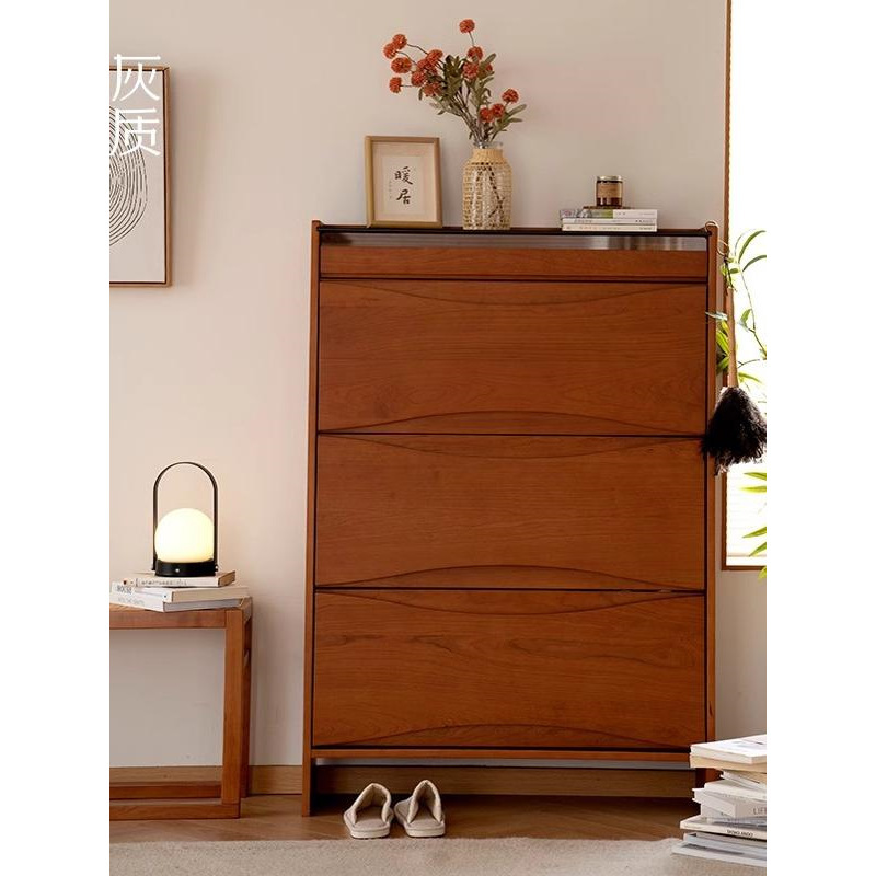 Nordic Shoe Cabinet Nordic Solid Wood Household Ultra-Thin Large-Capacity Entrance Cherry Wood Mid-Century Style Tipping Shoe Cabinet