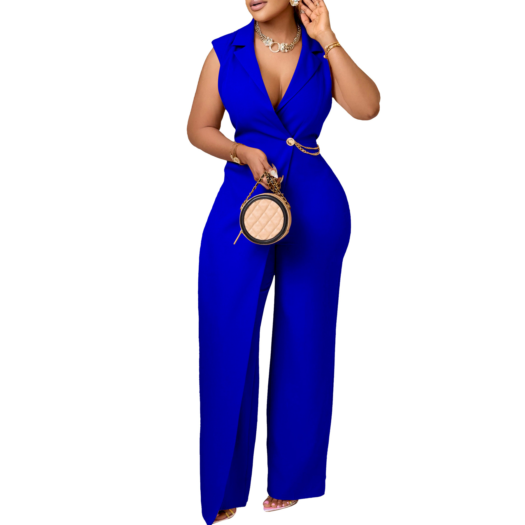 women's clothing new style elegant suit collar waist chain loose wide leg jumpsuit_voghion.com