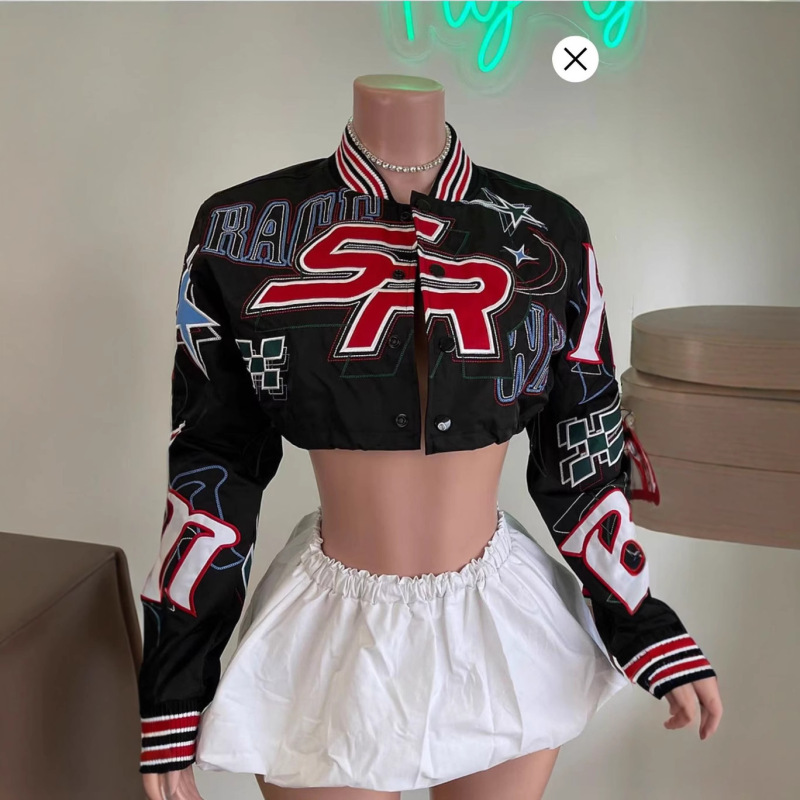 1295CroppedBaseballJacket绣花短款长袖单排扣棒球服秋季新款|undefined