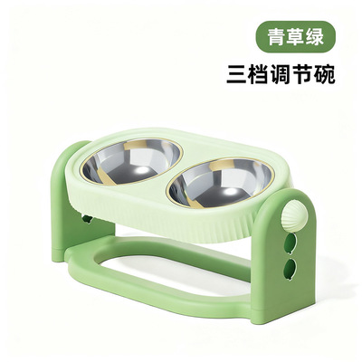 跨境新款不锈钢猫咪双碗多档可调高度猫猫喂食碗15°范围大号猫碗|ru