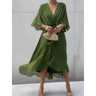 2025新款欧美女装跨境亚马逊纯色系带长裙蝙蝠袖不规则连衣裙大码