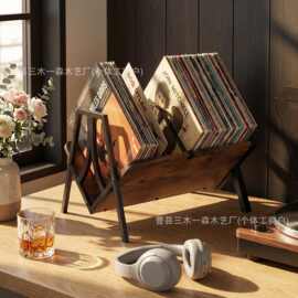 木制唱片架相册杂志储存架铁艺桌面书籍黑胶唱片展示架实木置物架
