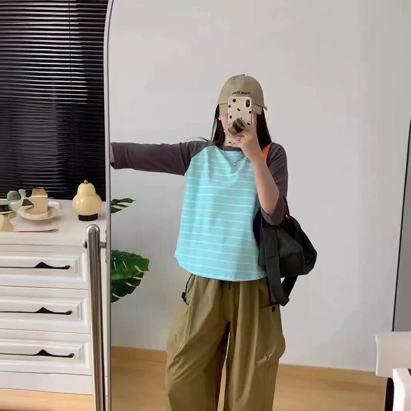 レディース春夏ストライプ柄インナーシャツ七分袖三色配色Tシャツ韓国風純綿インナーシャツストライプ|undefined
