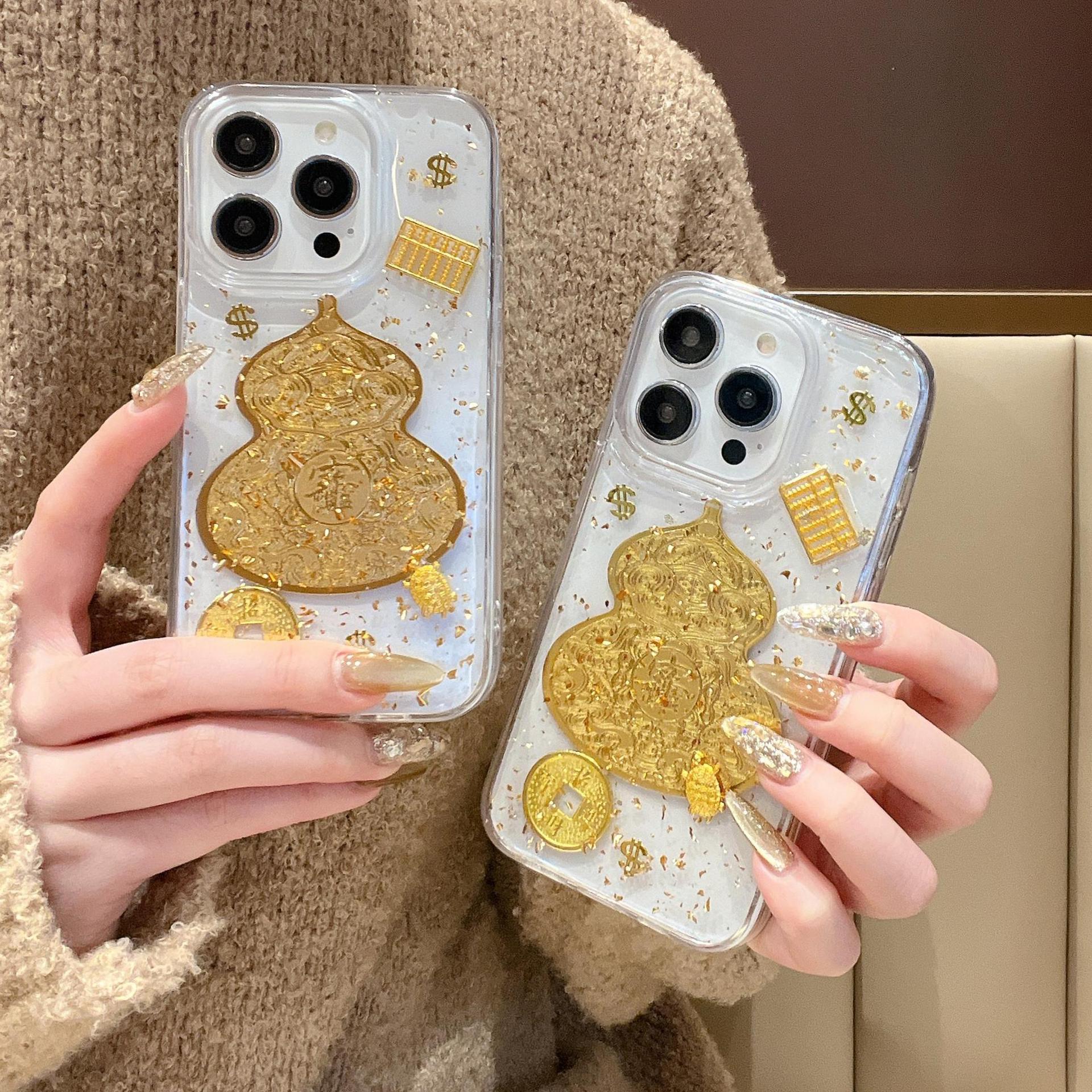New Year's Gold Foil Gourd Glue Suitable for Apple 16Promax Mobile Phone Case Iphone17 New Chinoiserie 15 Women's Model