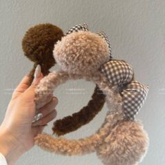 ブラウンカラー~クマのヘアバンドぬいぐるみチェック柄リボンヘッドバンド秋冬スタイル年齢軽減洗顔ヘッドバンド女の子用