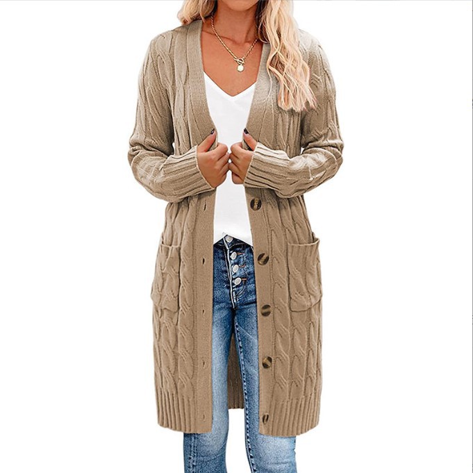Comercio exterior transfronterizo Amazon Otoño e Invierno 2024 nuevo suéter de giro largo de las mujeres de color sólido botón bolsillo cardigan abrigo