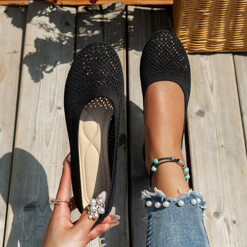 Summer Solid Color Round Toe Casual Breathable Hollow Knitted Lazy Work Shoes Cross-Border New Fly Woven Flat Shoes for Women Summer Solid Color Round Toe Casual Breathable Hollow Knitted Lazy Work Shoes Cross-Border New Fly Woven Flat Shoes for Women