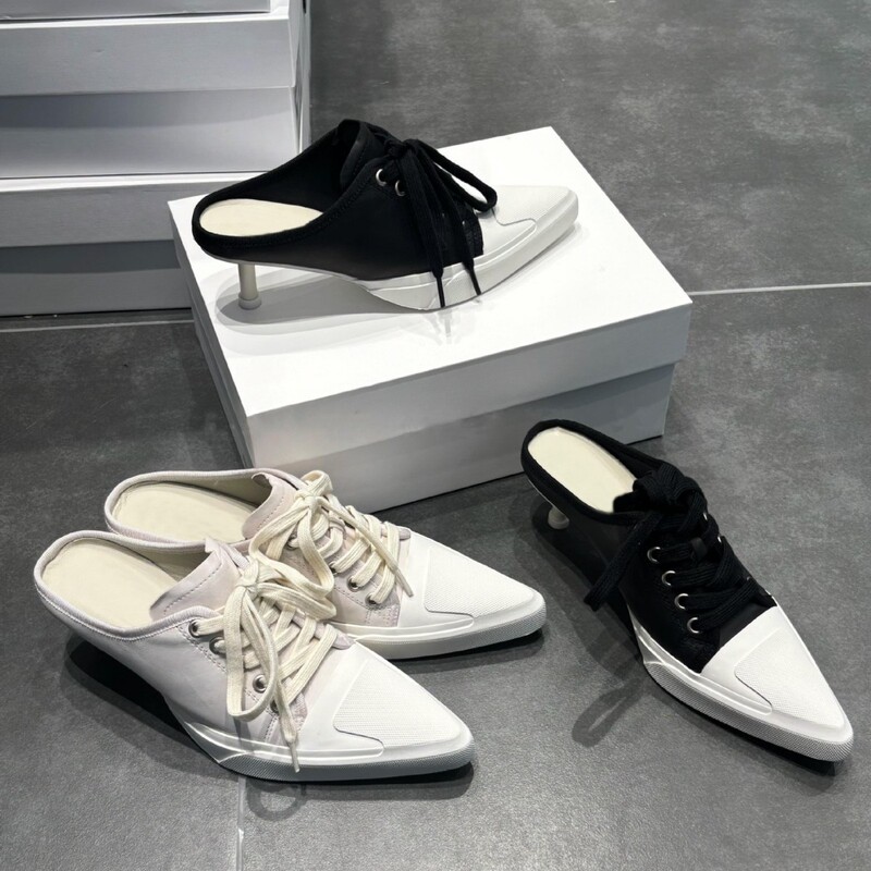 [in Stock] Designer-Inspired Niche Half-Cap Toe Women's Slip-On High-Heeled Lace-Up Pointed Canvas Shoes