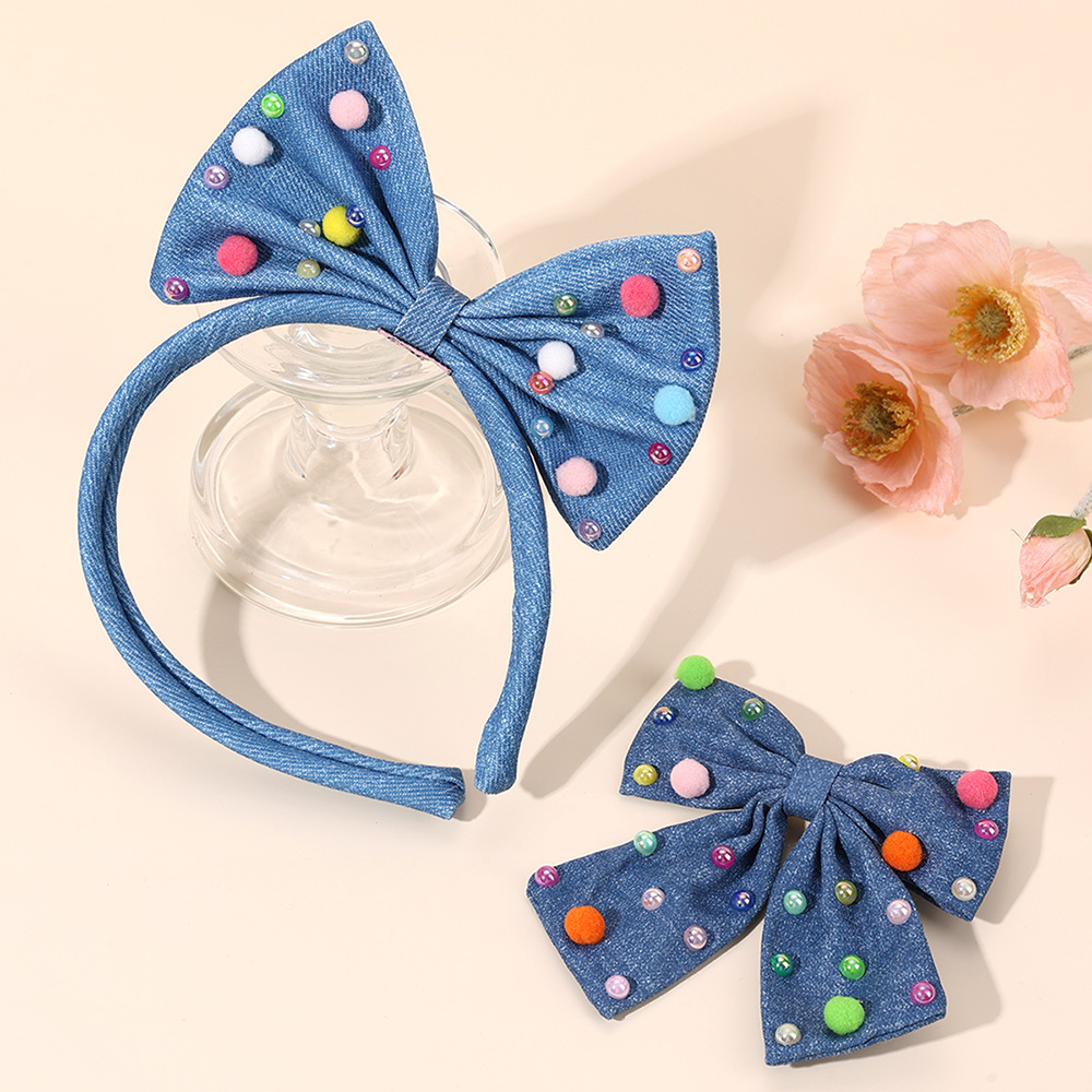 denim children's three dimensional hairgrip pearl with bow