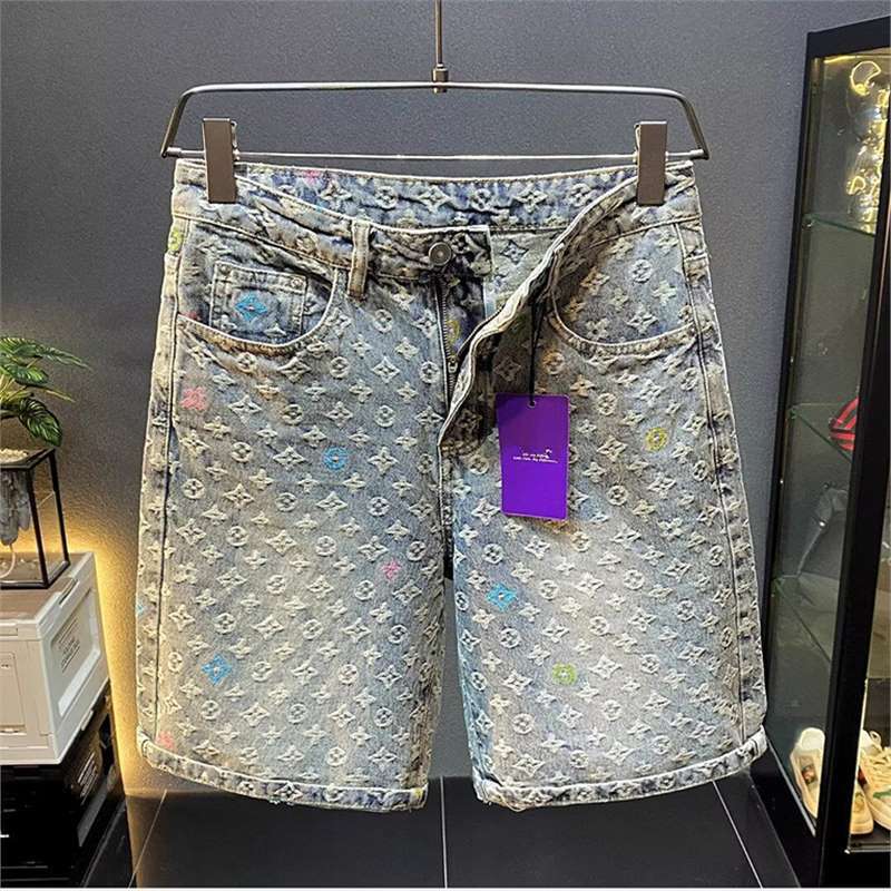 Heavy Retro Washed Jacquard Denim Shorts Men's Trendy Brand Ruffian Handsome Loose Straight Five-point Pants Men's Medium Pants_ecoleips.com