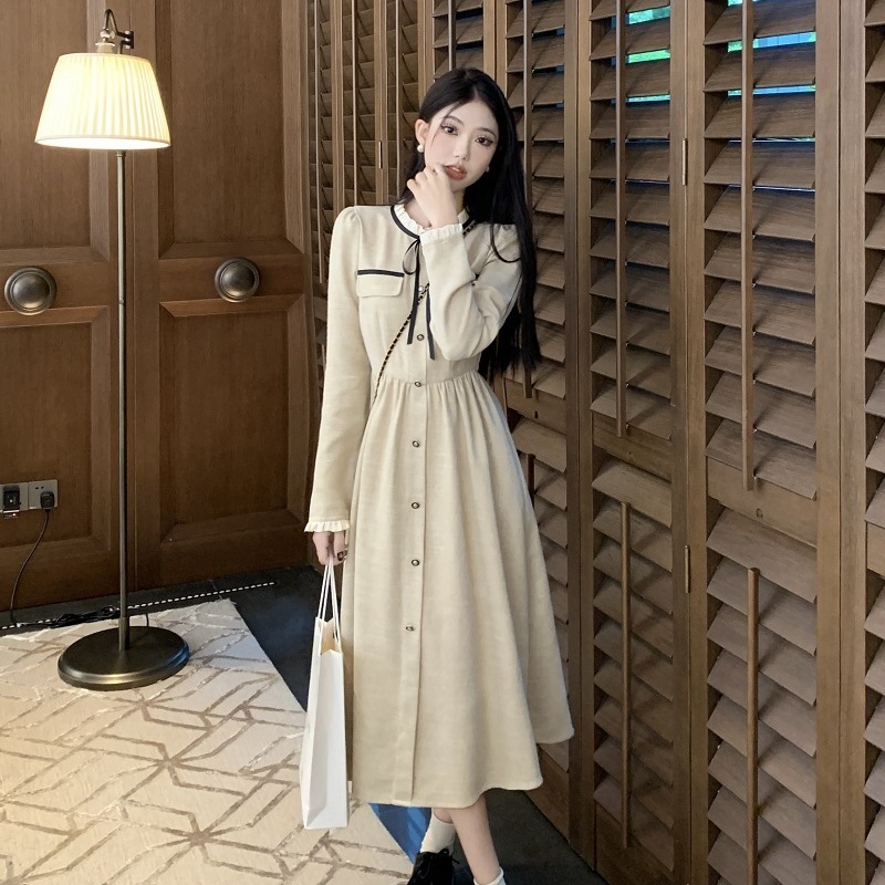 欧美跨境外贸小香风连衣裙女新款气质收腰显瘦中长款系带长袖裙子|undefined