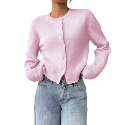 European and American Autumn/Winter Cross-Border Knitwear Women's Fashion Thin Round Neck Long Sleeve Button Short Version Loose Cardigan Top Outerwear