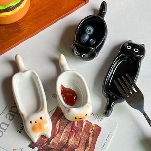 Cute and Cute Cat Ceramic Seasoning Dish Household Seasoning Dipping Dish Chopstick Holder Creative Hand-Painted Underglaze Small Dish