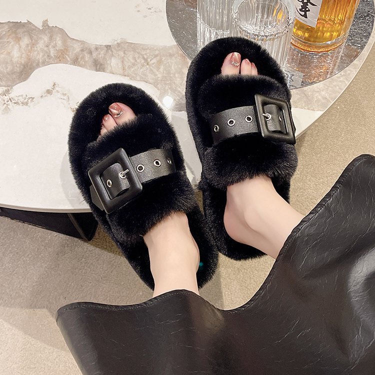 Pelzige Hausschuhe für Damenoberbekleidung, schwangere Frauen, große Hausschuhe mit dicken Sohlen, Gürtelschnalle, Plüsch, Ein-Wort-Baumwollhausschuhe_voghion.com