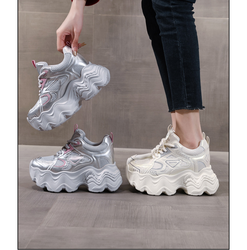 Giày thể thao nữ đế dày tăng chiều cao lưới thoáng khí phong cách dad sneaker — Màu be chi tiết 20