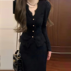 法式黑色针织连衣裙子女秋装2025新款小个子香风一整套早秋季穿搭