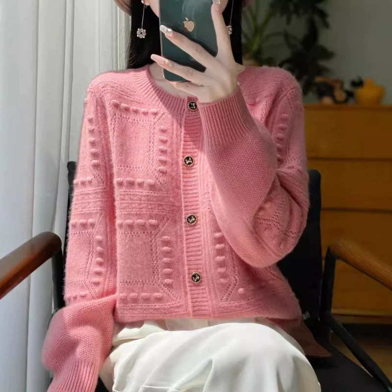 Осень и зима 100 шерстяной кардиган женский с круглым вырезом маленький ароматный ветер жаккардовый пиджак свободный кашемир с длинными рукавами толстый свитер
