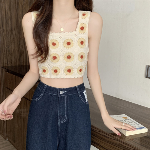 Embroidered vest knitted hollow crochet women's sleeveless top short style outer wear versatile inner vest knitted color matching