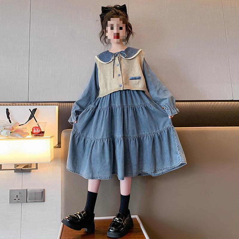 中大童新款两件套连衣裙女孩潮马甲女童牛仔连衣裙春秋装毛衣雀珉
