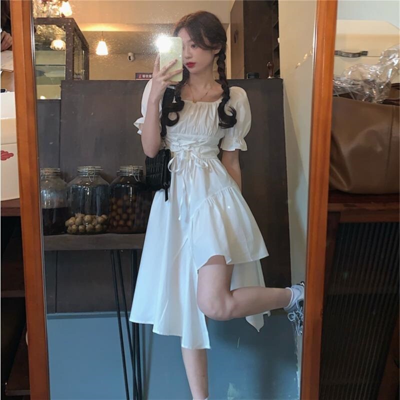 Hepburn Style ins Little Black Dress Women's 2022 New Summer Design Niche Irregular Puff Sleeve Dress