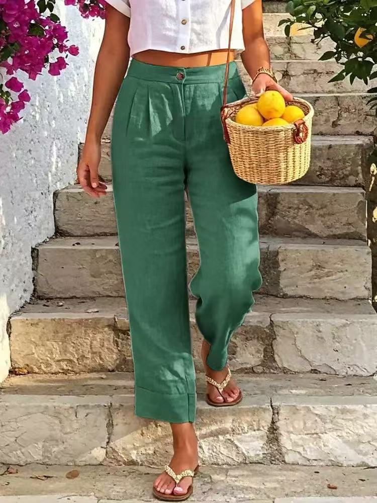 Women's Linen-Cotton Blend Summer Trousers | Casual High-Waisted Button-Front Pants | Breathable Relaxed Fit Wide-Leg Pants For Women_ecoleips.com