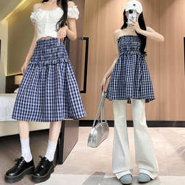 实拍2026格子一衣3穿显瘦松紧腰中长裙半身裙上衣学院风短裙女