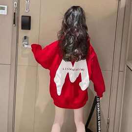 女童加绒卫衣秋冬新款韩系穿搭中大童休闲红色洋气宽松加厚连帽衫