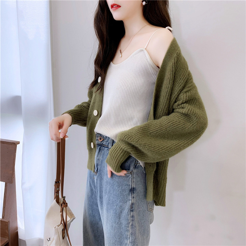 French V-Neck Candy Color Long Sleeve Cardigan Women's Loose Knit Sweater Coat Casual Elegant Outerwear_ecoleips.com