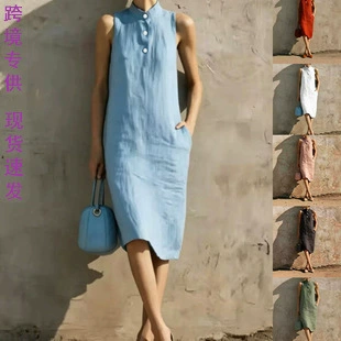 欧美外贸女装中长连衣裙eBay 独立站立领无袖口袋 直筒裙供货跨境