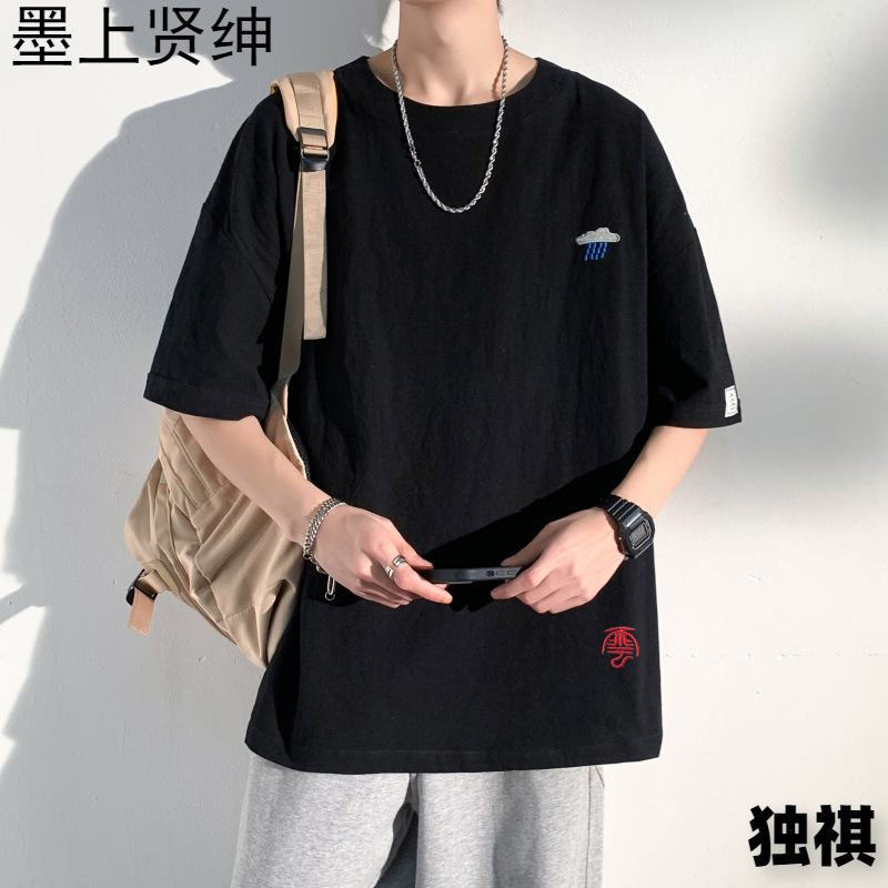 Camiseta de algodón y lino con manga media suelta bordada para hombre de manga corta, camiseta de verano para hombre, ropa de lino, camiseta de talla grande