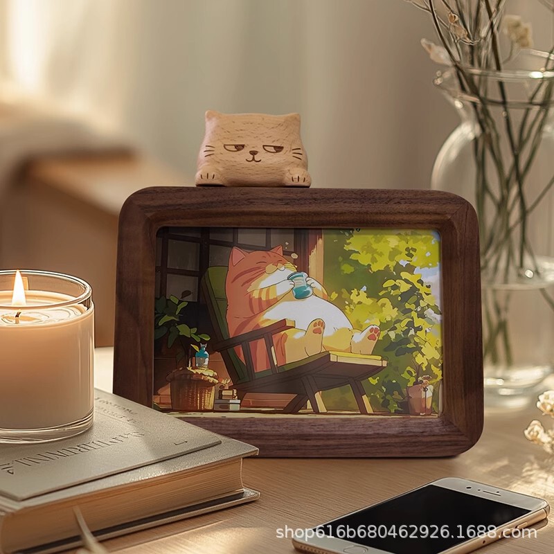 Cat Photo Frame Decoration Birthday Gift Solid Wood Cute Creative Display Frame Wooden Framed Pet Portrait