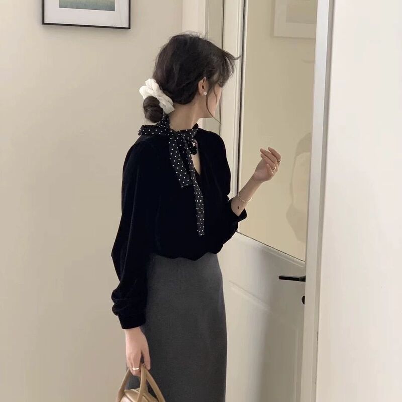 Velvet Blouse for Women 2026 Spring New Fashion Bow Tie Ribbon Korean Style Light Luxury French Base Shirt Top