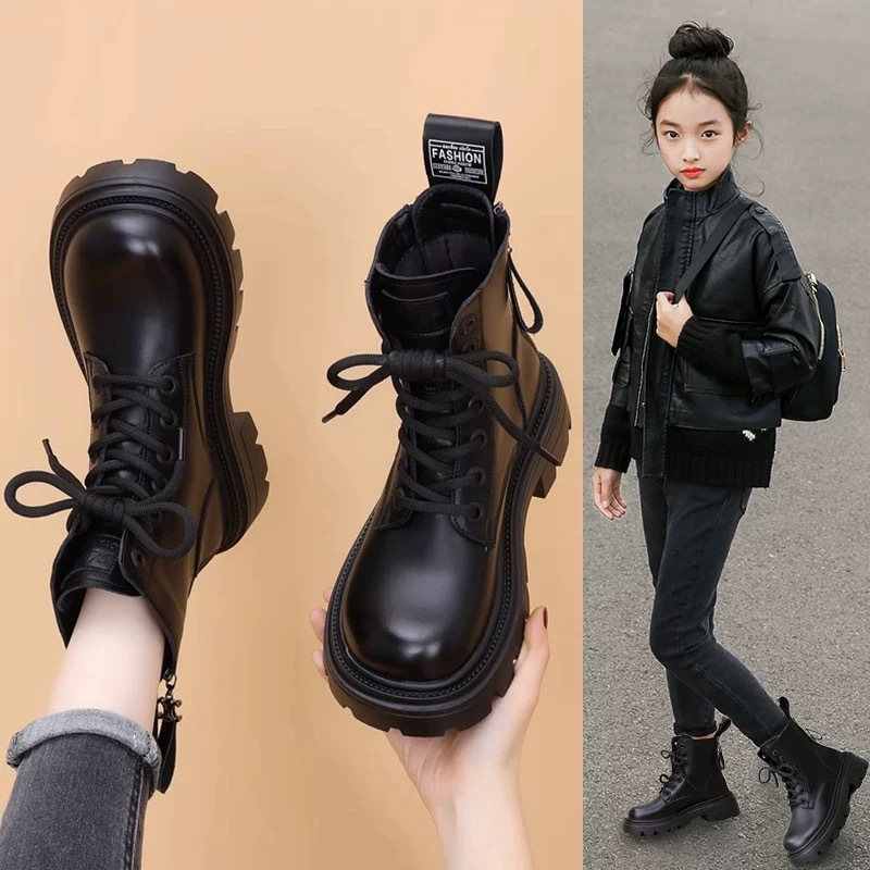 Girls Boots 2024 Autumn and Winter New British Style Children's Martin Boots Big Children's fleece-lined Cotton Boots Princess Shoes Single Boots