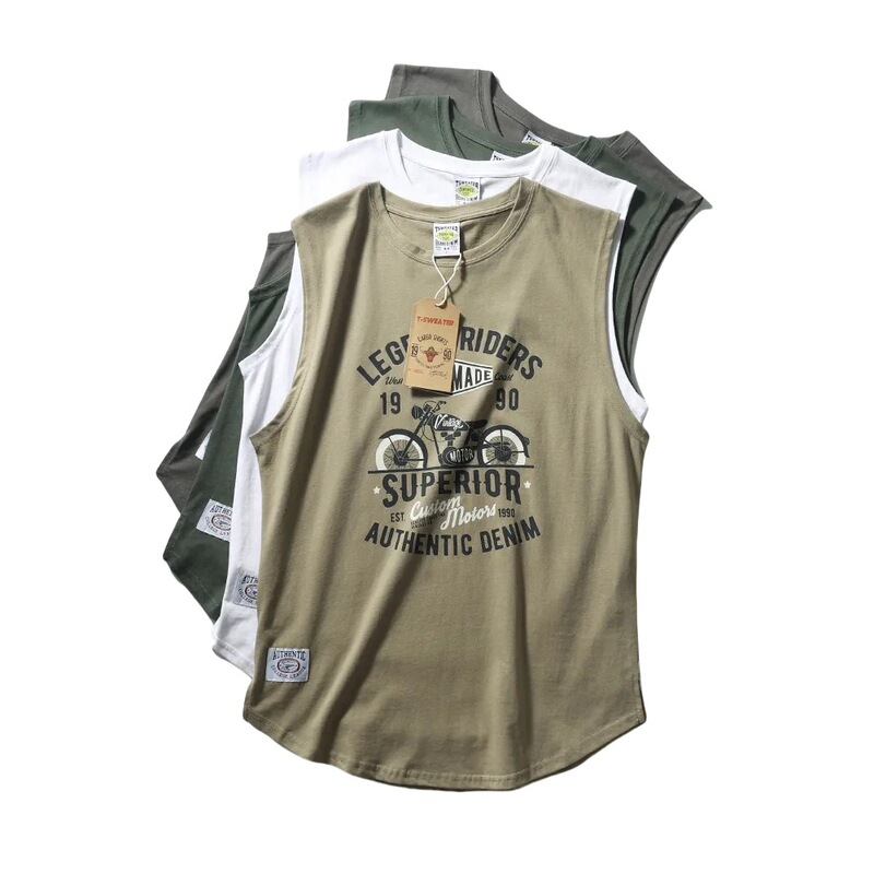 Ami Kaji Technology Printed Sports Casual T-Shirt Vest Pure Cotton Washed Vintage Style Side Slit Sweat Vest