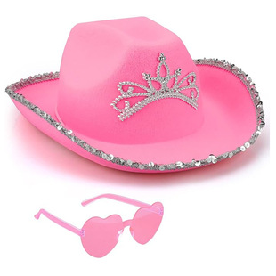 Pink Raw Edge Cowboy Hat with Peach Heart Glasses Two-Piece Set Cowboy Hat Pink Raw Edge Crown Glasses Set