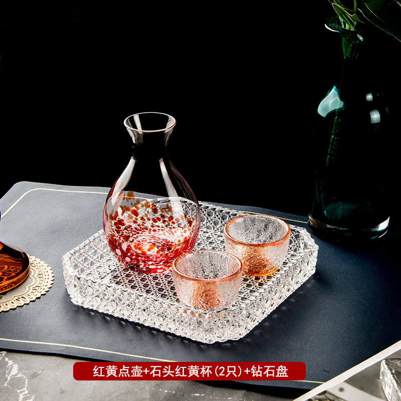 Glossy red and yellow dot pot + red and yellow stone pattern cups (2 pieces) + diamond plate