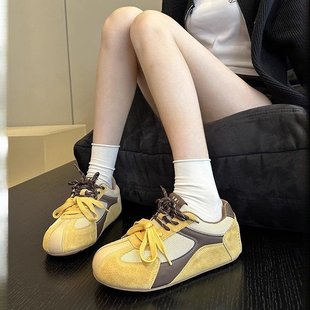 Live Broadcast Popular Fashion Mesh Breathable Contrasting Color Casual Women's Shoes Yellow Sneakers Thick Sole