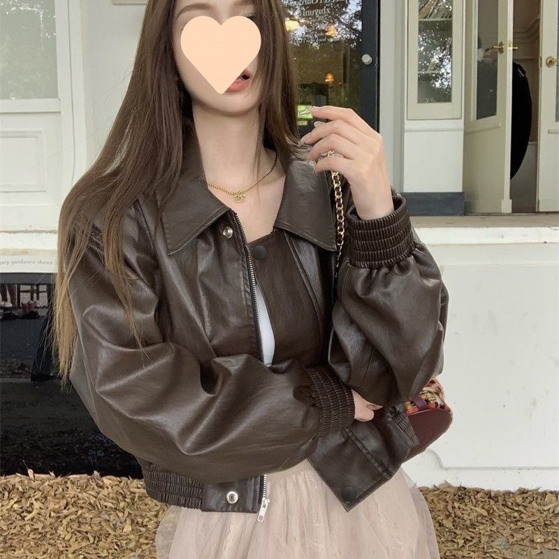 Meilade American-style Motorcycle Leather Jacket Short Coat for Women | Autumn New Arrival All-Match Vintage Short Leather Jacket Top | Trendy Design