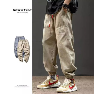 Overalls men's spring and autumn loose ankle-tied autumn and winter men's pants casual trousers men's fashion brand fleece-lined pants men's autumn