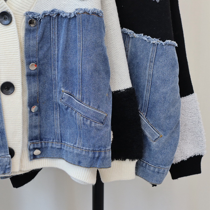 Vêtements pour femmes automne et hiver nouveau patchwork denim tricoté cardigan lâche design décontracté couleur assortie veste pull paresseux pour femmes_voghion.com