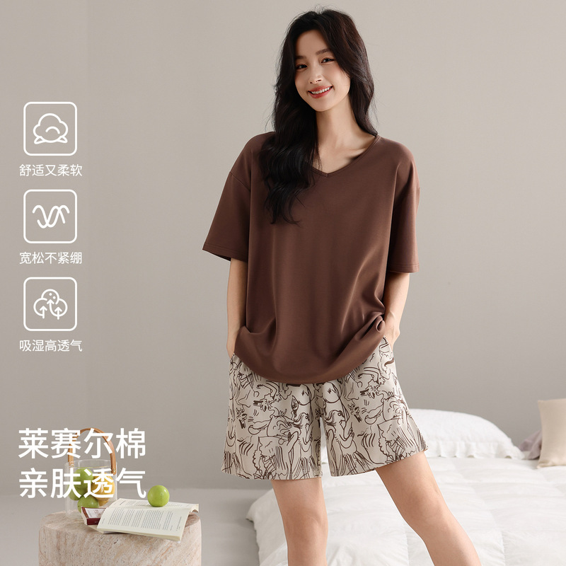 Pajamas with Breast Pads for Women, Summer Tencel Lyocell Short-Sleeved Shorts, Home Clothes, Soft Summer Suits That Can Be Worn Outside