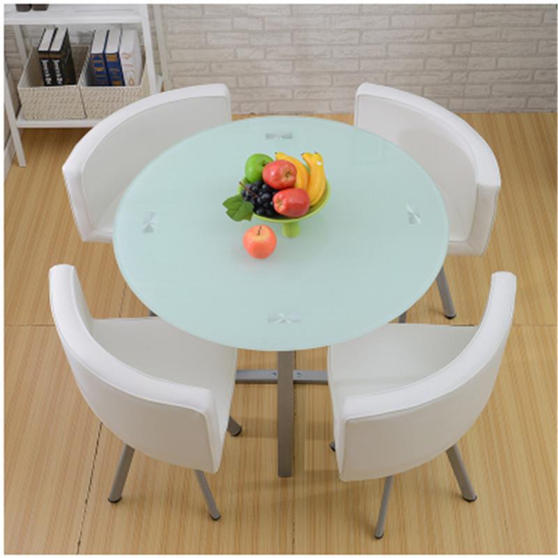 Mesa y sillas de comedor modernas, mesa redonda pequeña de vidrio templado, mesa y sillas para recepción y negociación, una mesa y cuatro sillas, cocina de inducción.