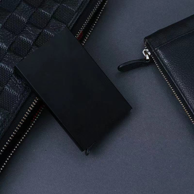 Fabricante, venta al por mayor, caja de tarjetas de crédito de aleación de aluminio, caja de tarjetas de visita, tarjetero automático, tarjetero de metal RFID antidesmagnetización