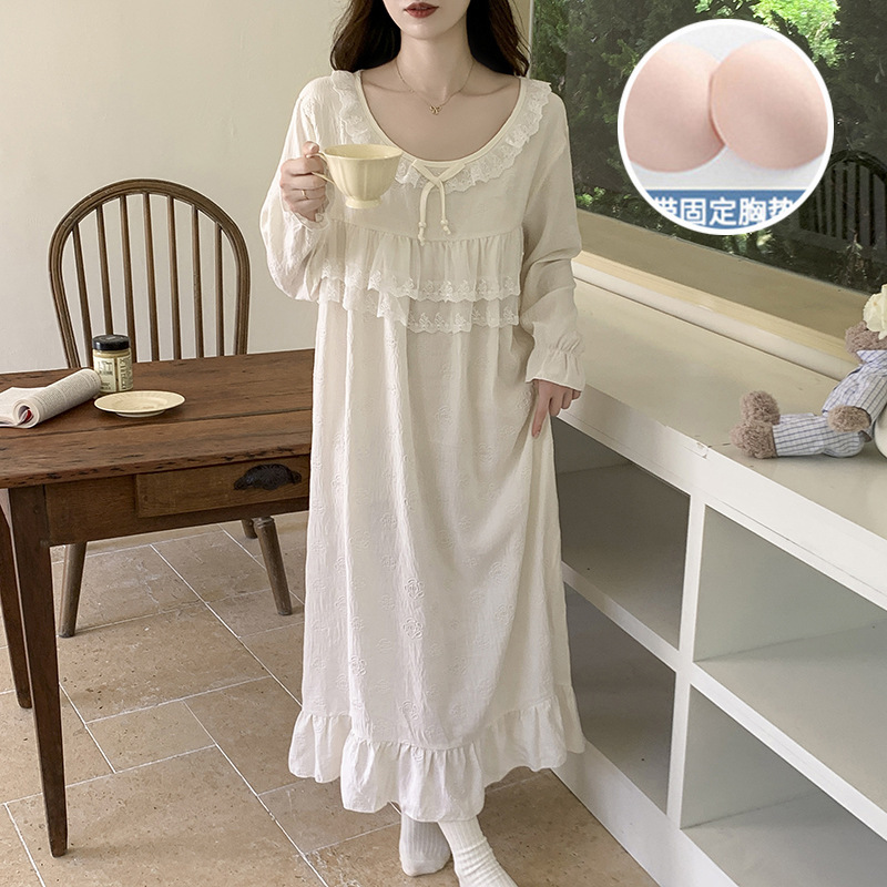 带胸垫睡裙女春秋季新款韩系甜美云朵棉长袖睡衣大码家居服可外穿|undefined