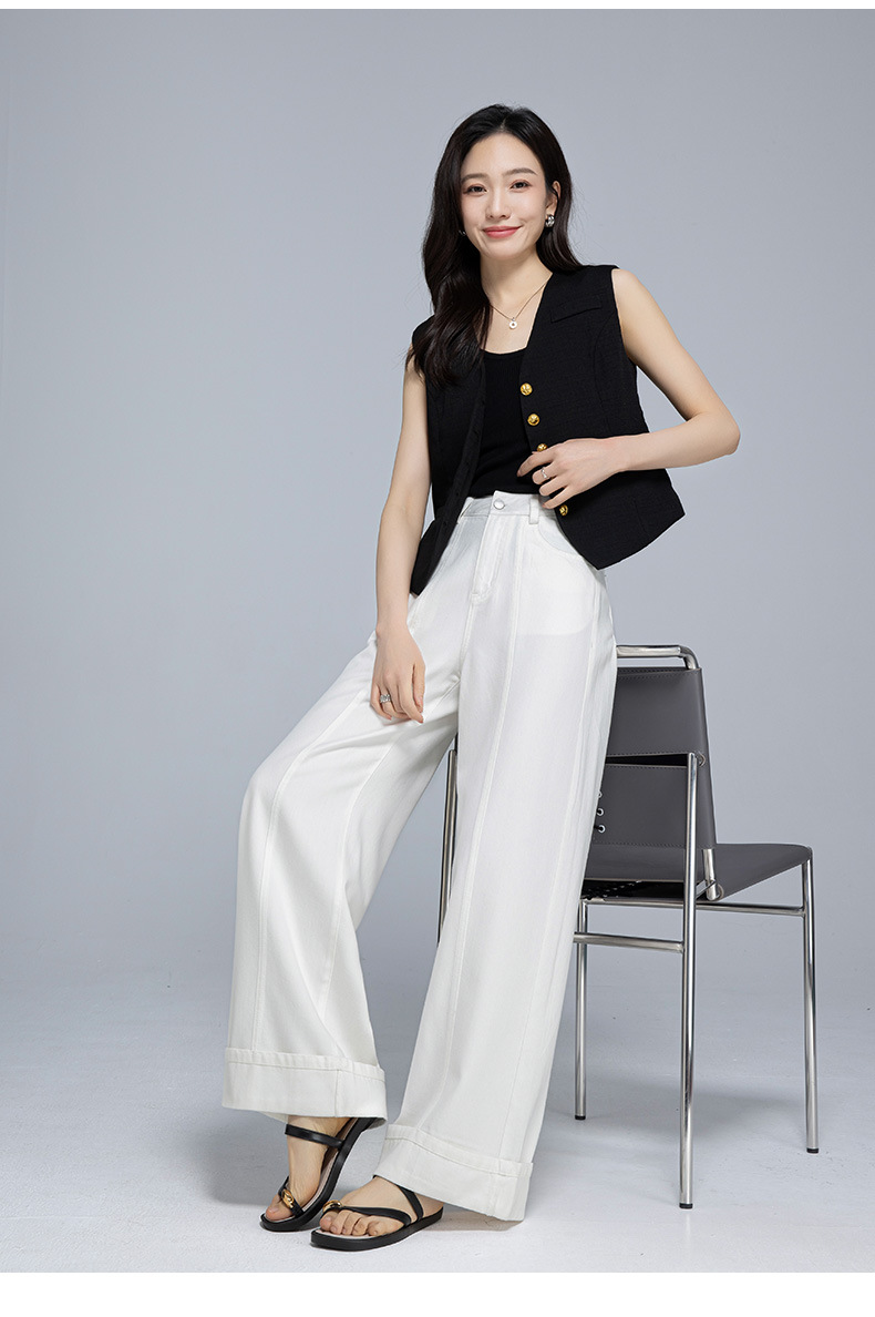 Quần jean ống rộng nữ cạp cao vải Tencel cotton mềm mại, dáng suông rộng, gấu xắn, mỏng nhẹ mùa hè — Màu trắng chi tiết 25