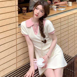 甜美翻领假两件学院风连衣裙女夏季新款大码胖mm收腰显瘦气质长裙