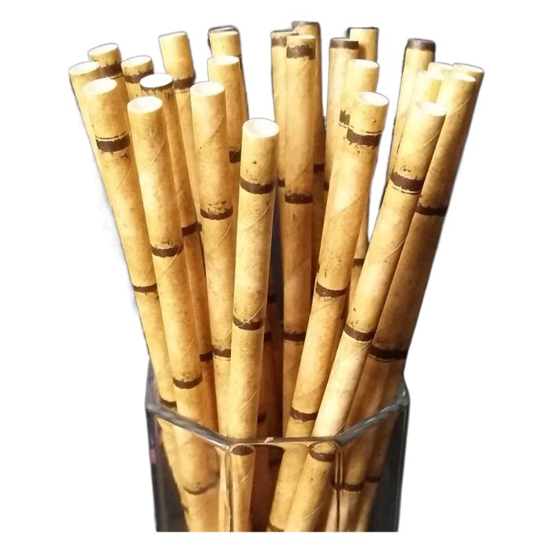 Venta al por mayor paja de papel desechable paja de papel degradable bambú verde patrón de árbol conjunto boca puntiaguda boca plana sola independiente