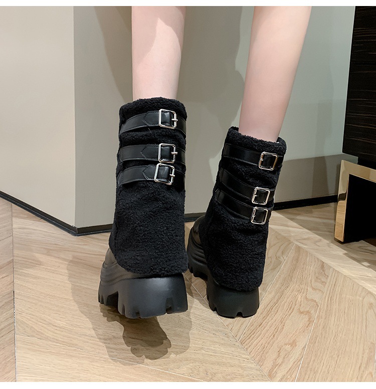 Giày boot nữ cổ thấp đế dày lông ấm khóa thắt lưng — Trắng nhạt 15CM chi tiết 12