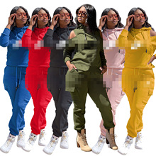 XX025亚马逊独立站欧美女装运动套装卫衣露肩跑步服连帽长袖秋冬