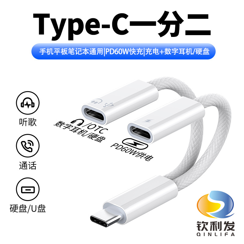 Dual type-c two-in-one fast charging 60W digital earphones USB disk data compati…